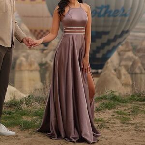 David's Bridal Satin High Neck Illusion Waist A-Line Dress